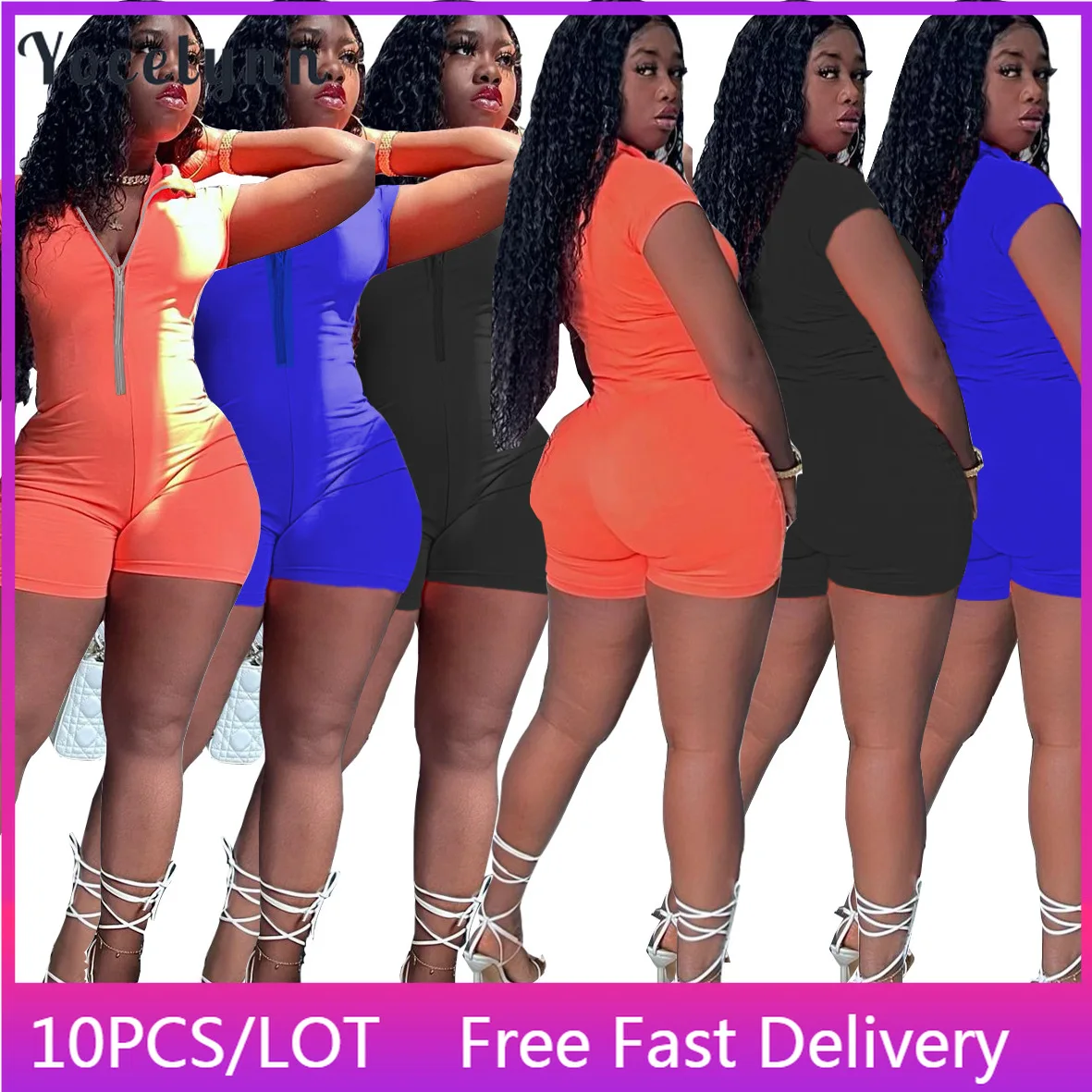 

10PCS Bulk Items Wholesale Lots Workout Active Wear Womens Jumpsuits Solid Color Front Zipper Playsuits Summer One Piece Rompers