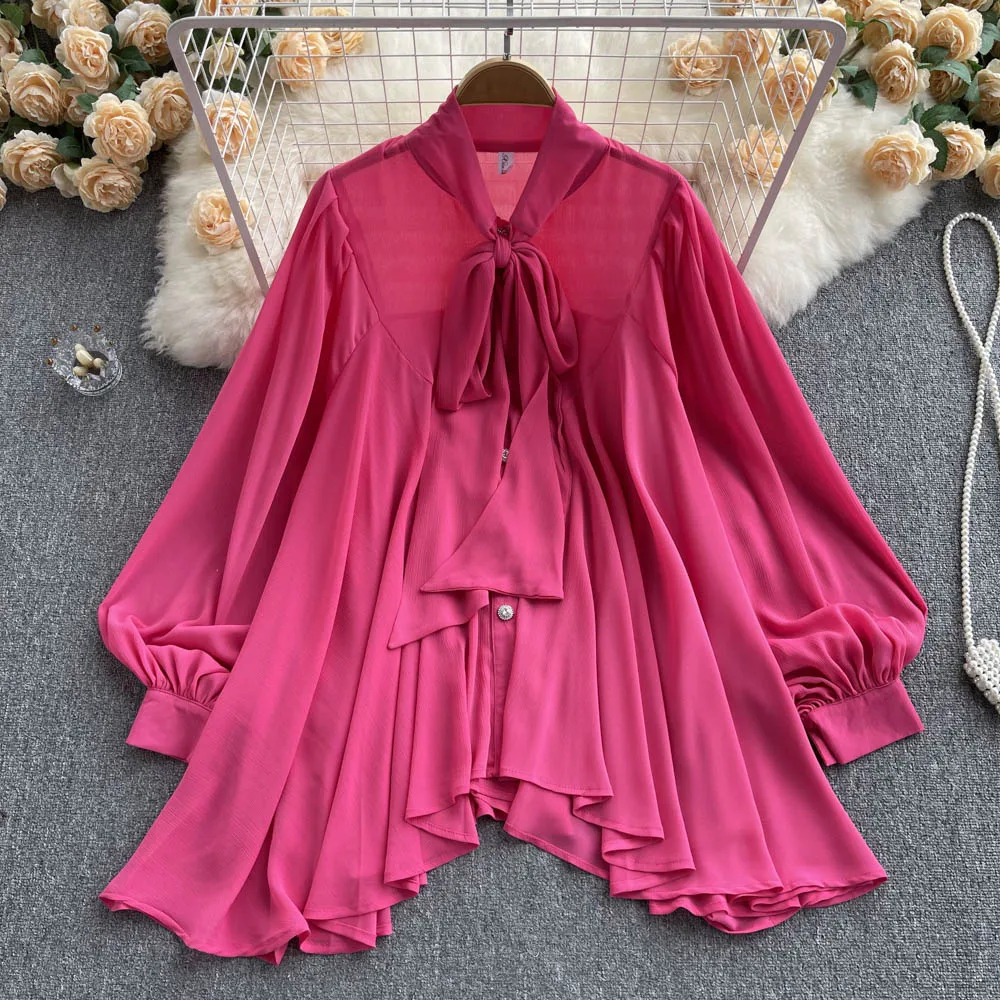 

French Loose Irregular Shirt Top Summer Women Lace Up Bow Neck Long Sleeved Shirt Chic Solid Color Blouse Mujer F510