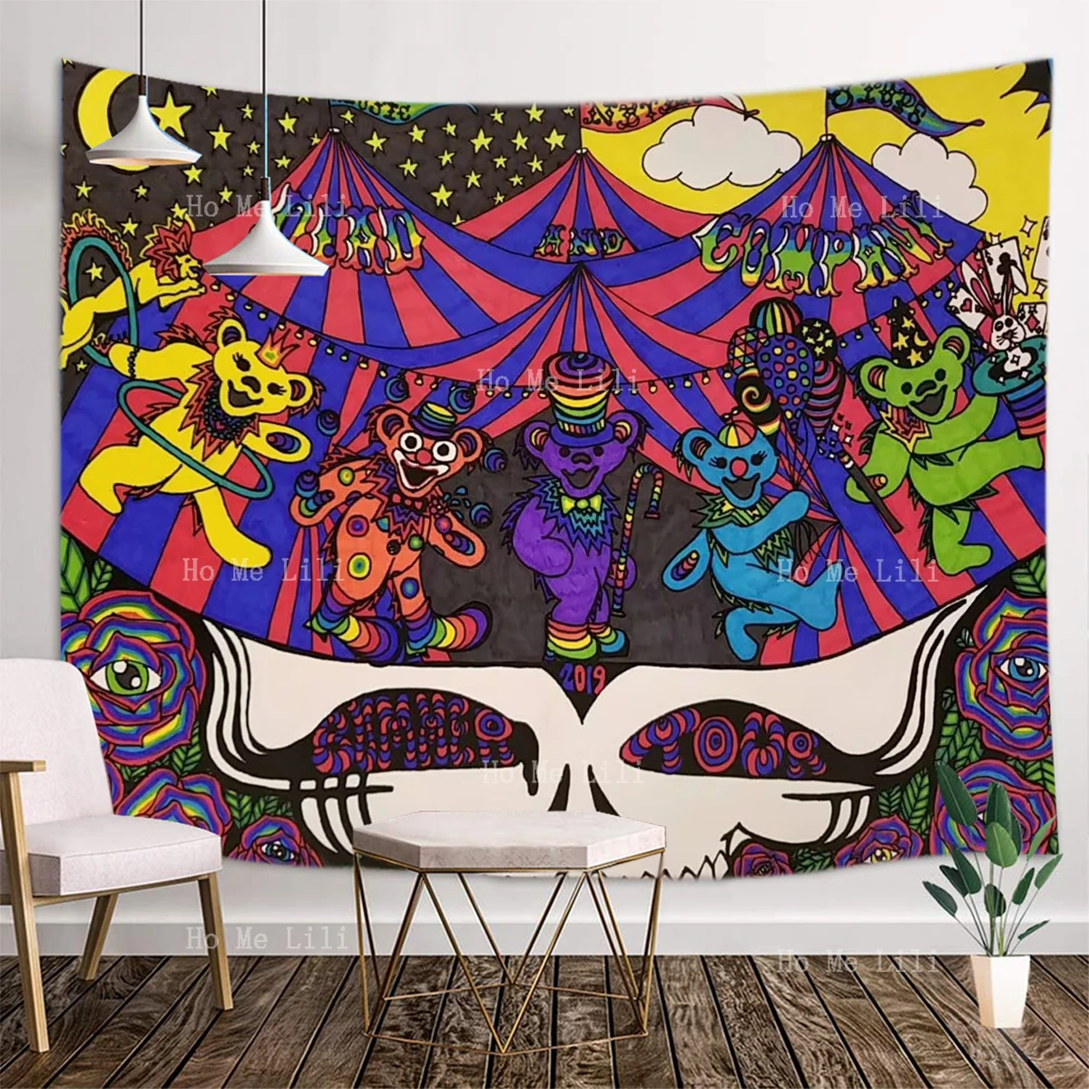 

Psychedelic Art Dancing Bear Carnival And Skeleton.Room Decoration Tapestry