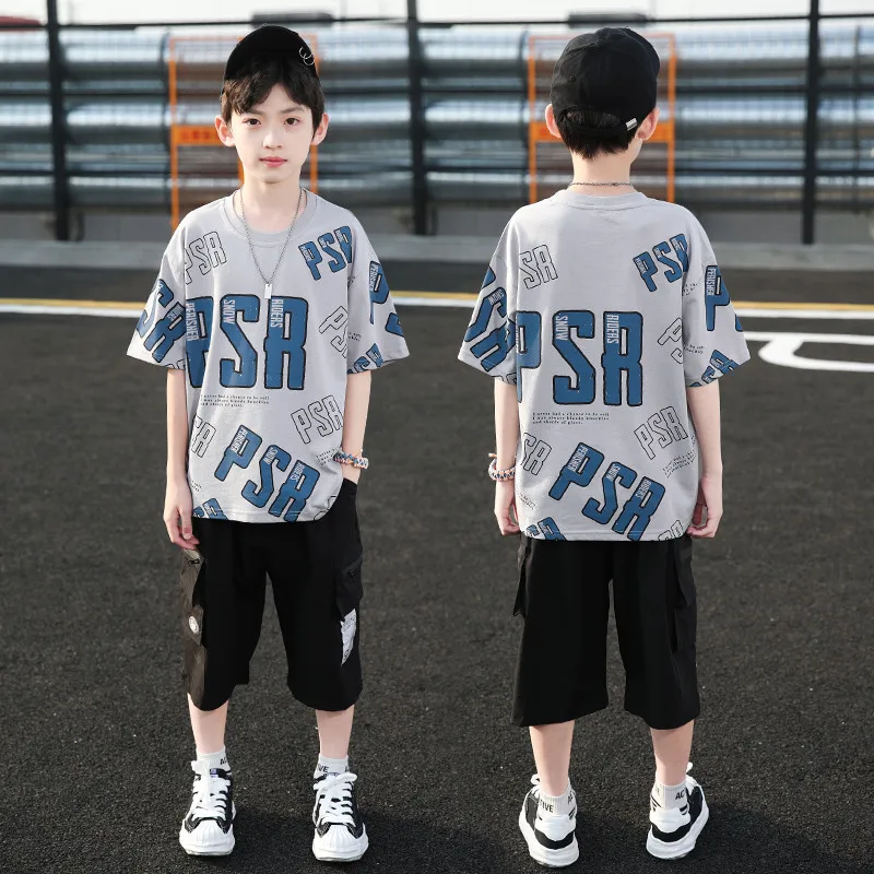 Summer Beach Boy Clothes Set 2pcs Casual Outfit Kids Cargo Pants+ Letter Print Pullover T-shirt Top Children Tracksuit Teen Suit