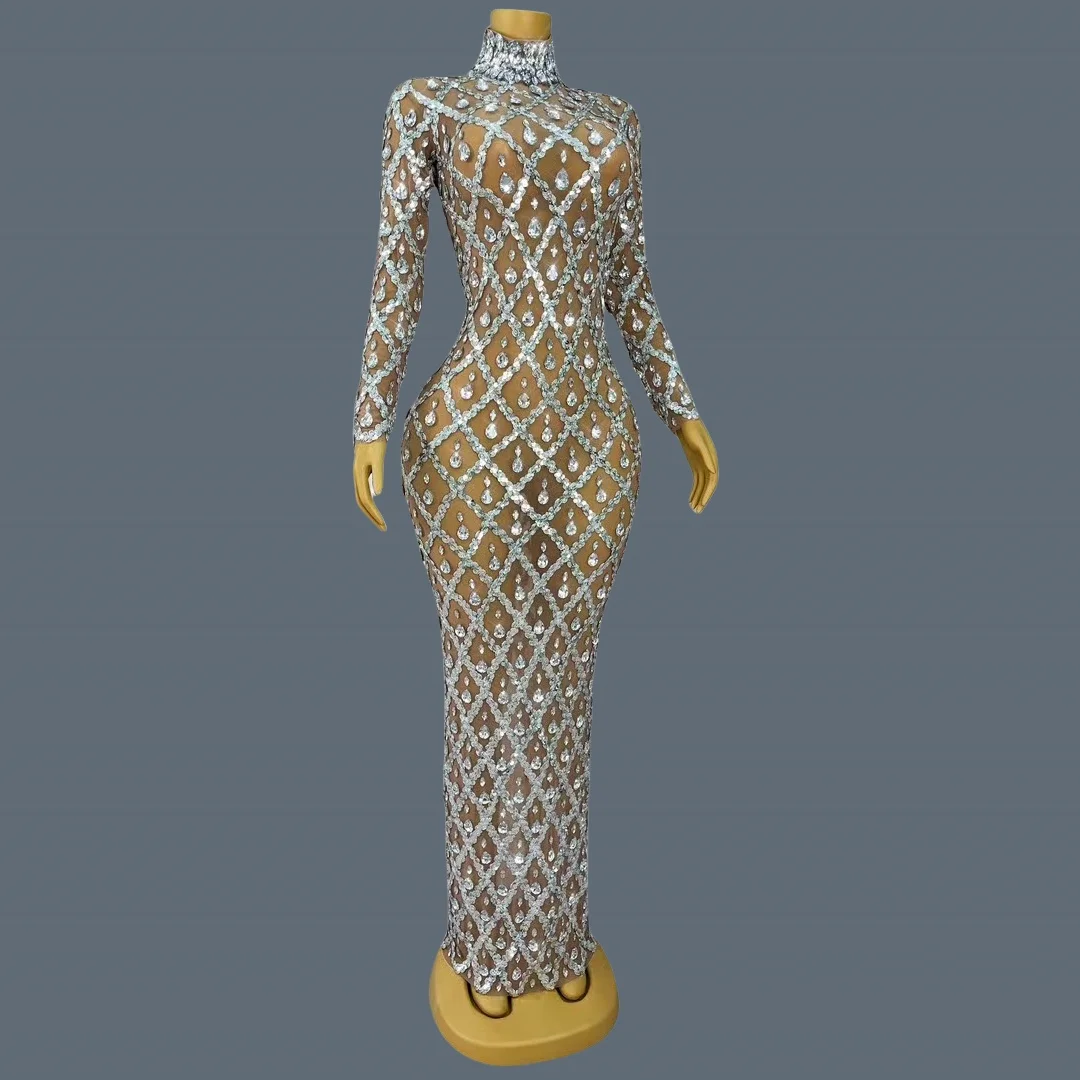 Роскошное прозрачное сетчатое платье с блестящими стразами для вечеринки по