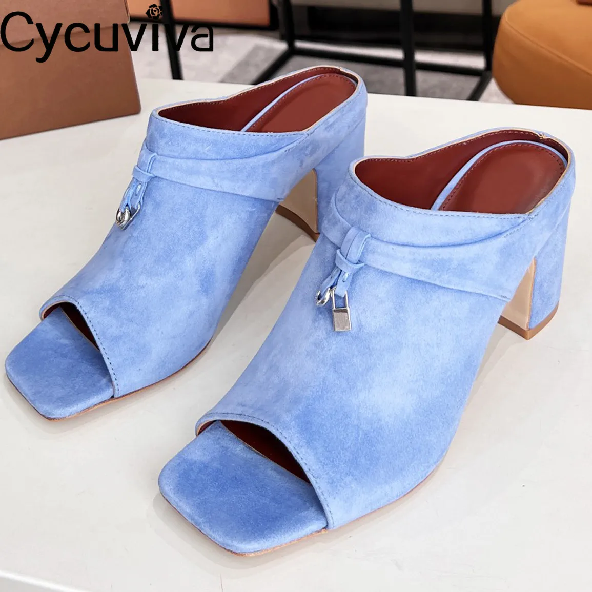 

Hot Square Peep Toe Slides Kidsuede Fringe Decor Slippers Women Chunky Heels Dress Shoes For Women Summer Walk Gladiator Sandals
