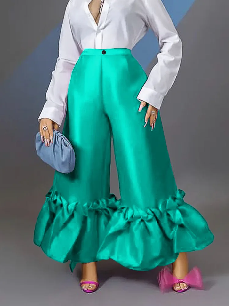 

Green Wide Leg Pant Women High Waist Tunic Patchwork Ruffles Pleated Pants for Female Clothing Elegant Loose Long Pants
