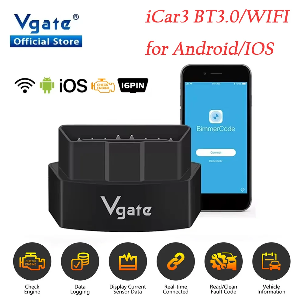 Автомобильный диагностический сканер Vgate iCar3 ELM327 V2.1 для Android IOS Bluetooth 3 0/WIFI ELM OBD 2
