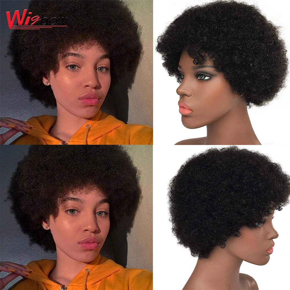 Afro Kinky Curly Wig Short Human Hair Wigs For Women Brazilian Hair Afro Curly Wig With Bangs Glueness Kinky Curly Wig 150%