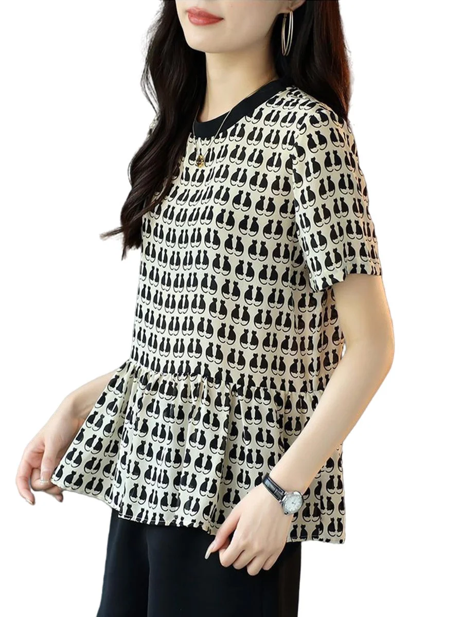 

4XL Women Spring Summer Blouses Shirts Lady Fashion Casual Short Sleeve O-Neck Collar Cat Printing Blusas Tops G2092