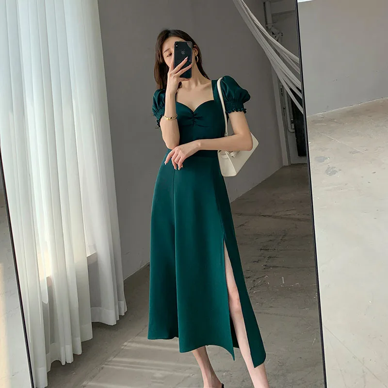 

Green elegant women retro backless mini skirt Office women Korean one-piece dress summer 2021