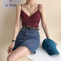 fashion sexy women v neck pure color patchwork crop casual sleeveless camisole ladies summer tops slim tops vest o4f5