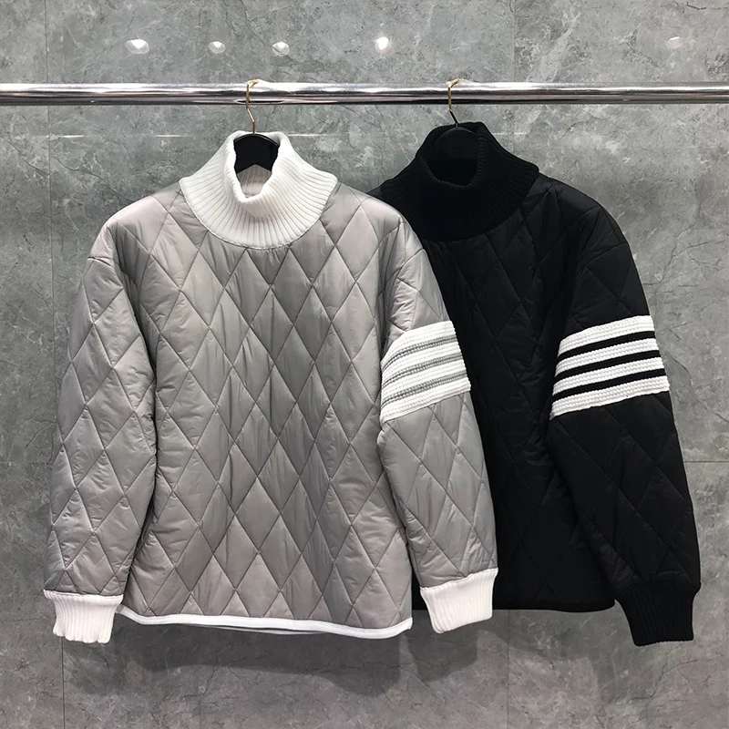 

TB THOM Men's Winter Jacket Fashion Brand Coat White 4-Bar Stripe Diamond LatticeTurtleneck Cotton-Padded Pullovers TB Jackets