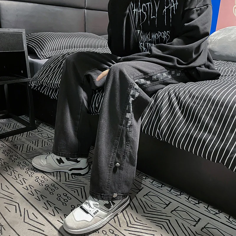 New High Street Solid Color Jeans Men's Loose Straight Leg Korean Style Trendy Stitching Wide-leg Pants джинсы для мужчин штаны