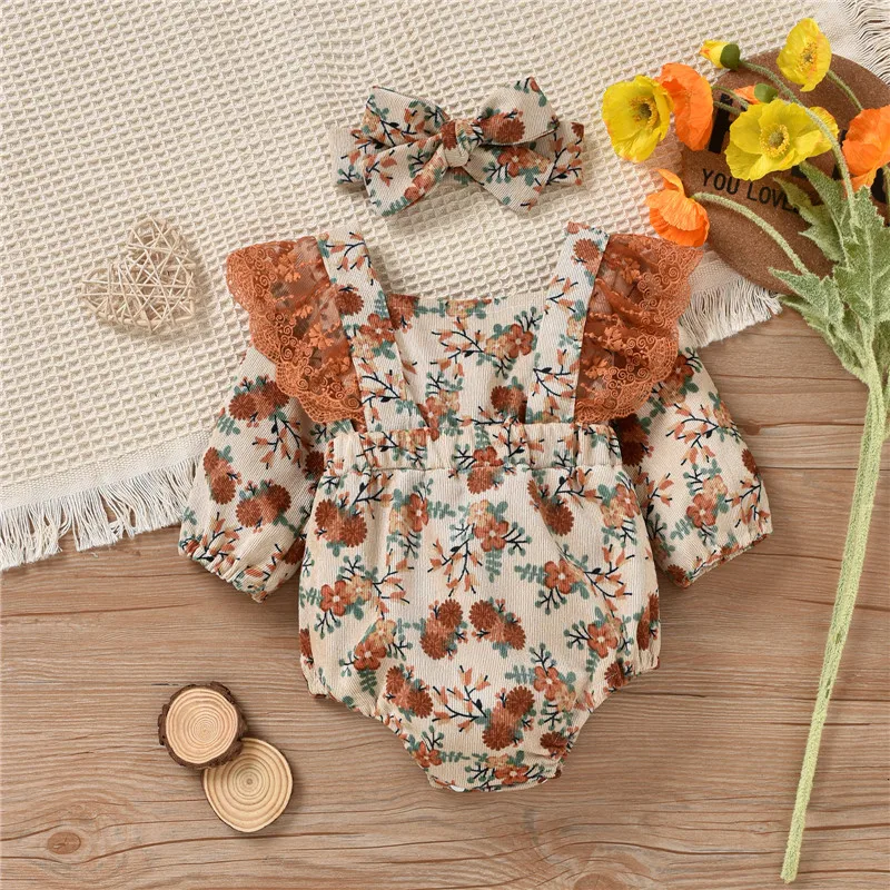 

Baby Girls Autumn Rompers For 0-18M Long Sleeve Corduroy Lace Flower Bowknot Rompers Jumpsuits Headband Newborn Girl Clothes