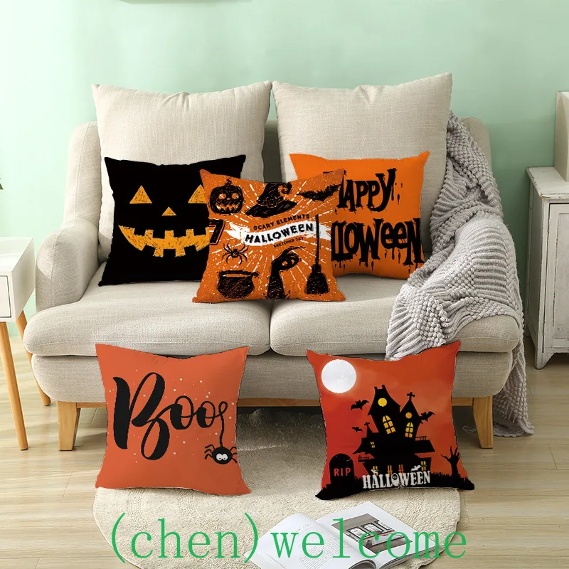 

Halloween Pattern Pillow Peach Skin Cushion Cushion Cover Sofa Pillow Cover Square Cushion Cover Bedroom Pillowcase Orange Plaid