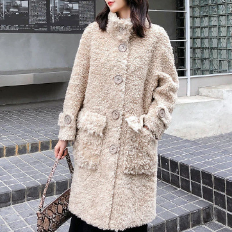 Женская длинная куртка на натуральном меху, однобортная теплая свободная уличная куртка из 2023-ной шерсти, зима 100%