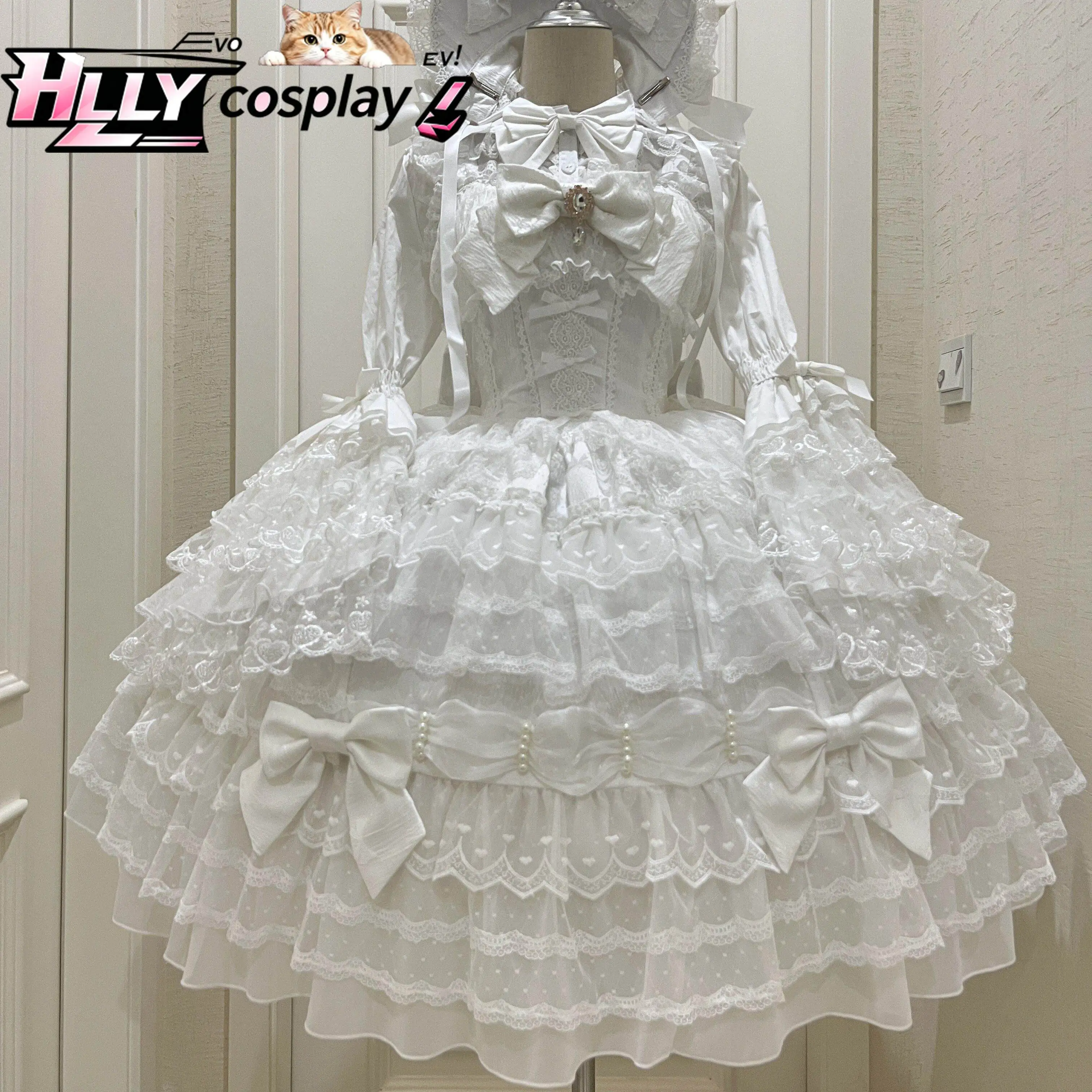 Оригинальное платье JSK в стиле Sweet Lolita, розово-белое, с многоярусными оборками, кружевом и бантом, в кукольном стиле, винтажное, зимнееосеннее, на бретельках (art.: 3920dade64bce) - 3920dade64bce