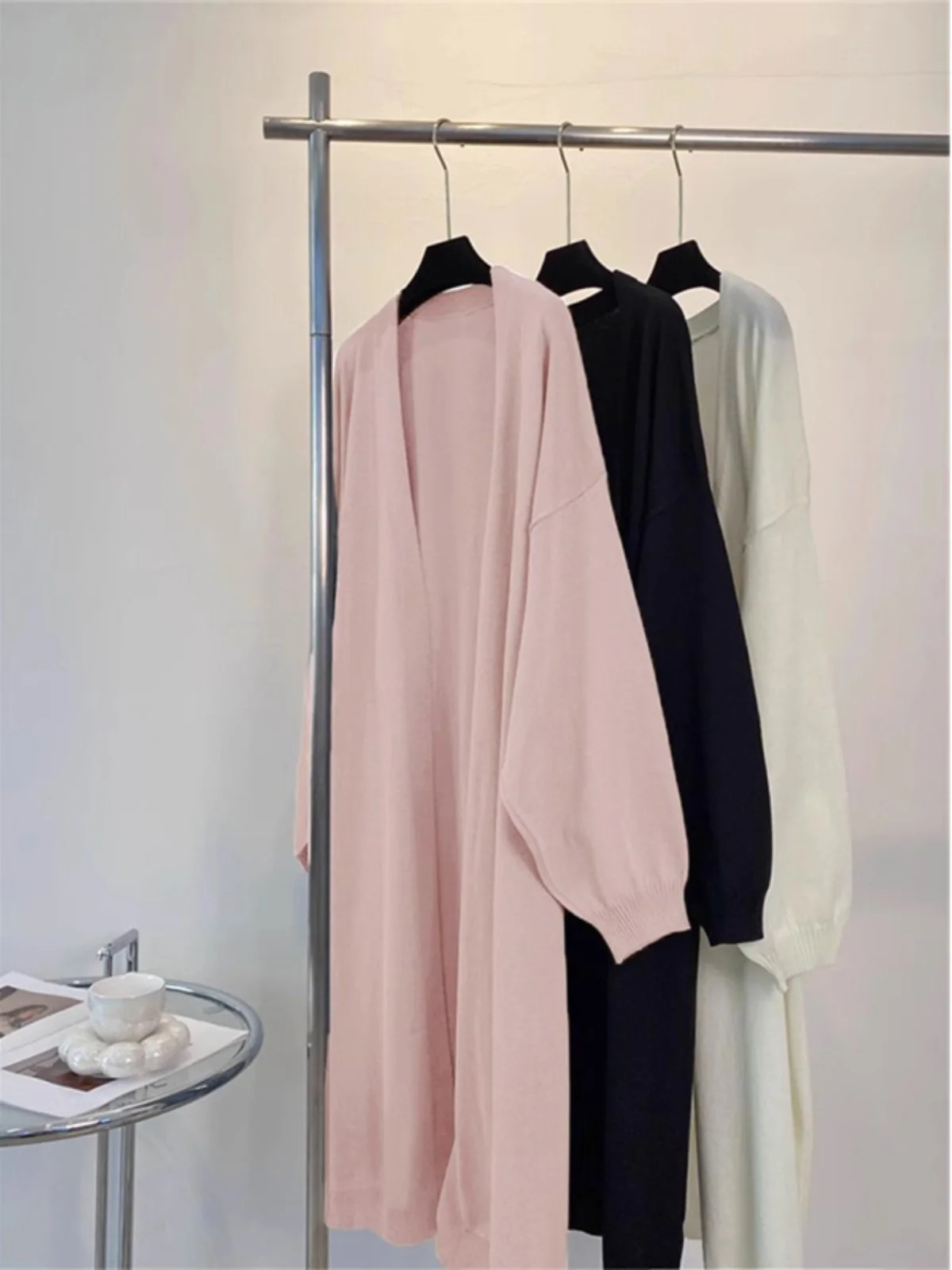 French sle Knit cardigan Outerwear Women Spring Mid-Length Loose Small Sweater Lantern Sleeve Cover up Top Outdoor |
