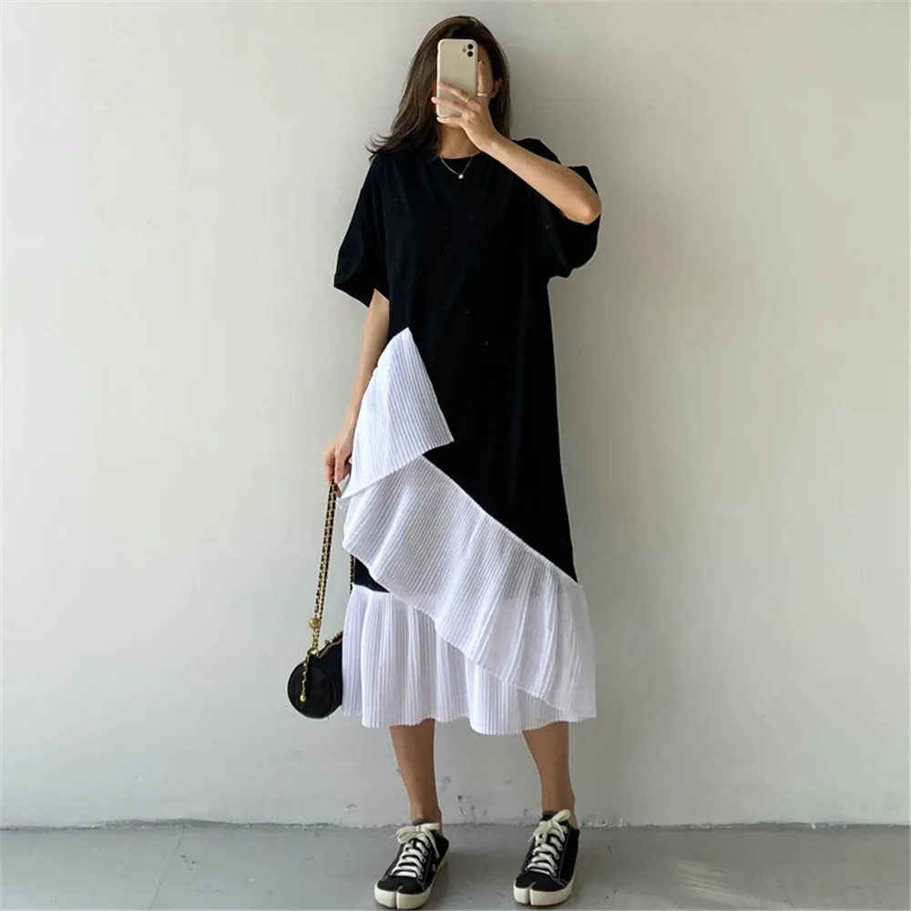 

Dress Irregular Hem Stitching Slit Loose Dress Slimming Short-sleeved T-shirt Skirt Japan Korean Summer Spring New Fashion 2022