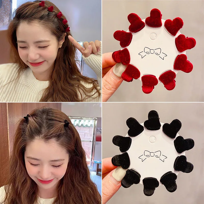 

10pcs/set Cute Small Hair Claws For Women Hair Accessories Red Heart Girls Hair Clips Fashion Flocking Acrylic Hairpins Headwear