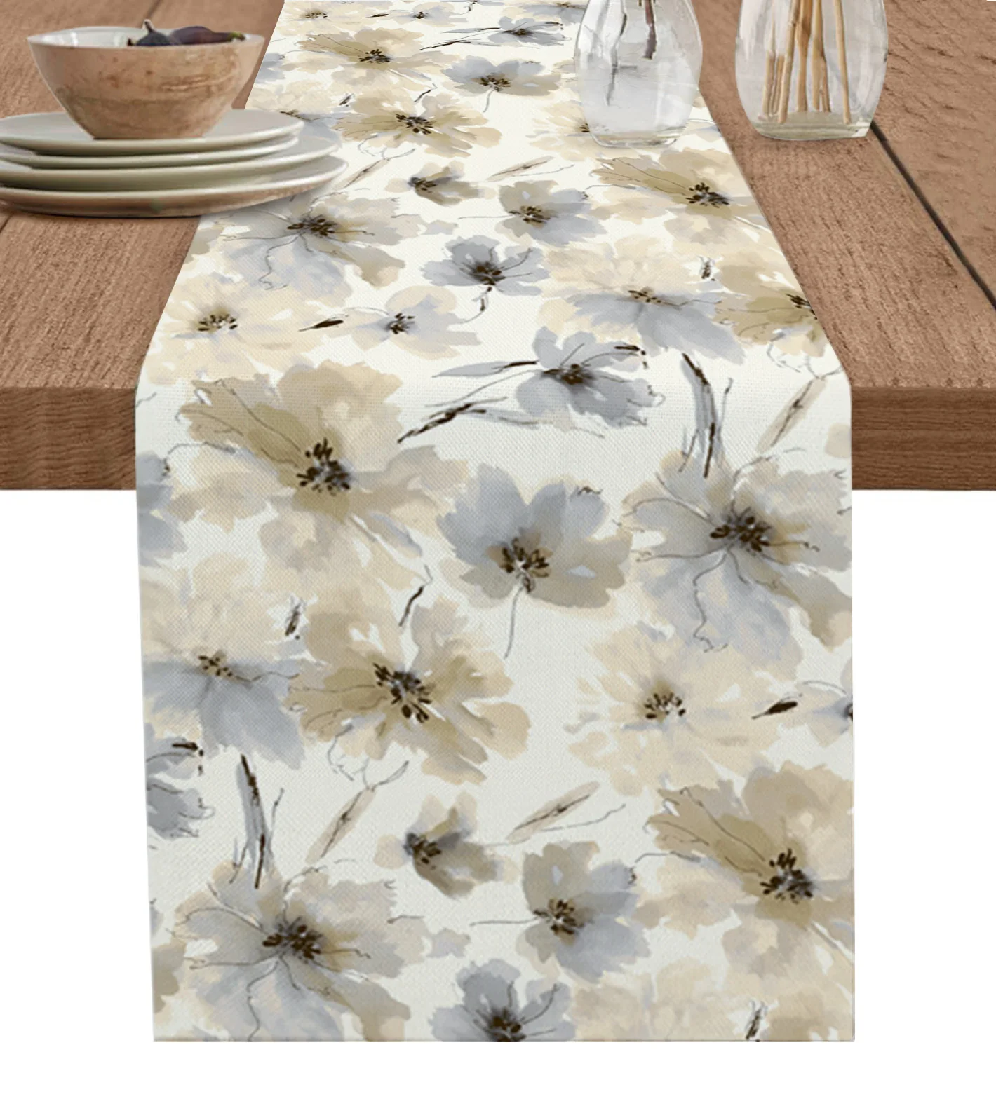 

Watercolor Botanical Flowers Texture Table Runner Cotton Linen Kitchen Dining Table Decor Rustic Wedding Holiday Tablecloth