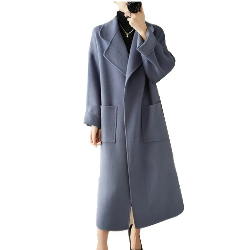 

Высококачественное двустороннее кашемировое шерстяное пальто для женщин на осень и зиму, новая модная Длинная шерстяная куртка на шнуровке, женское Свободное пальто H3076