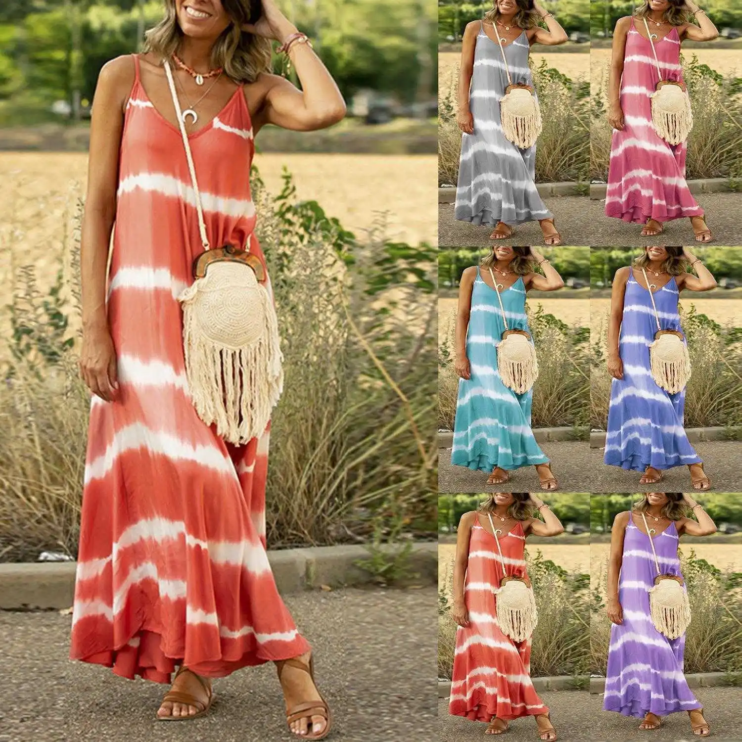 

Summer Large Size Casual Dresses Printed Striped Spaghetti Straps Loose Womens Wear Dress