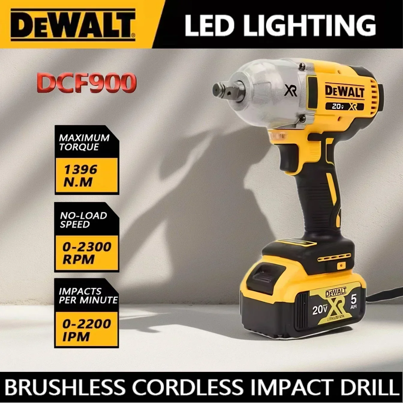 Фото Комплект DEWALT DCF900 Бесщеточный беспроводной ударный гайковерт с высоким крутящим моментом 1/2 дюйма, 1396N. M, зарядное устройство для электроинструмента DEWALT 20 В №2
