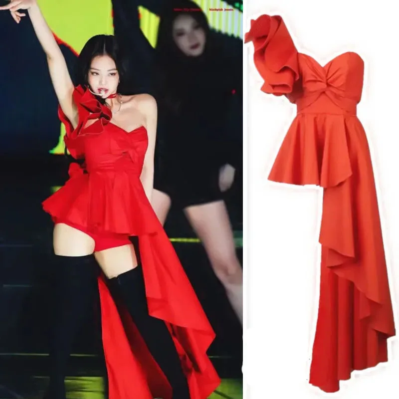 

K-pop Jennie Stage Outfit Women Red Dress Concert Outfits Festival Women Clothing Secy Performance Costume Dropshipping