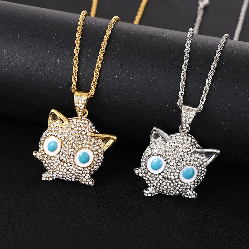 

Pokemon Anime Necklace Hip Hop Iced Out Bling Pendant Jigglypuff Sliver Gold Crystal Cuban Chains For Men Icy Jewelry