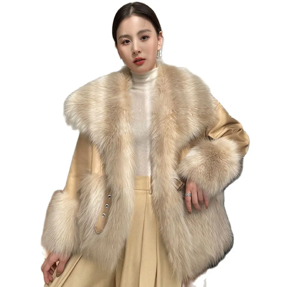 New Women Real Fur Coat Autumn Winter Fashion Casual Thick Warm Fox Fur Collar Stitching Sheepskin Fur Jacket Loose Outerwear