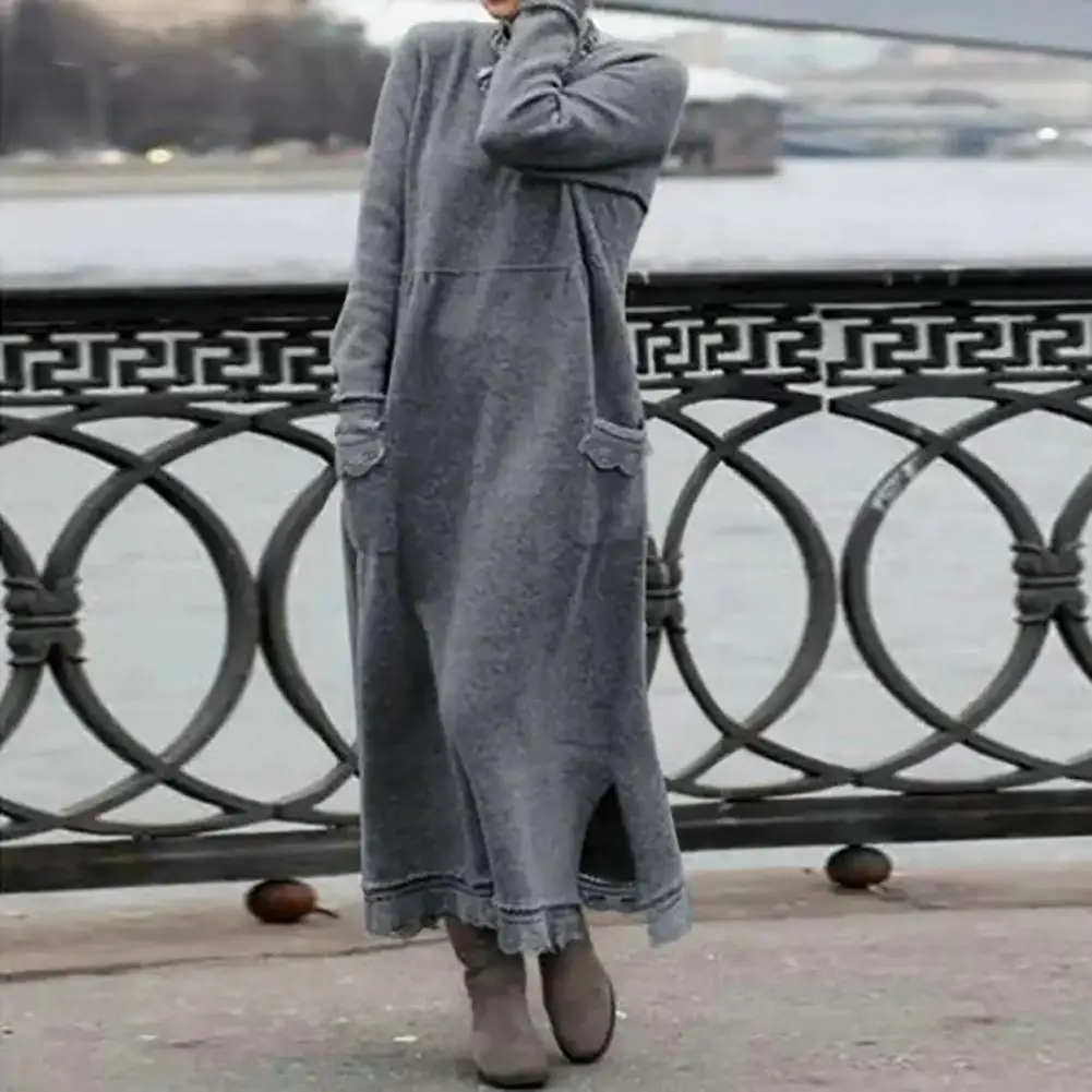 

Fleece Lining Comfortable Warm Autumn Winter Solid Color Oversized Warm Pullover Maxi Dress Loose Dress Daily Clothing