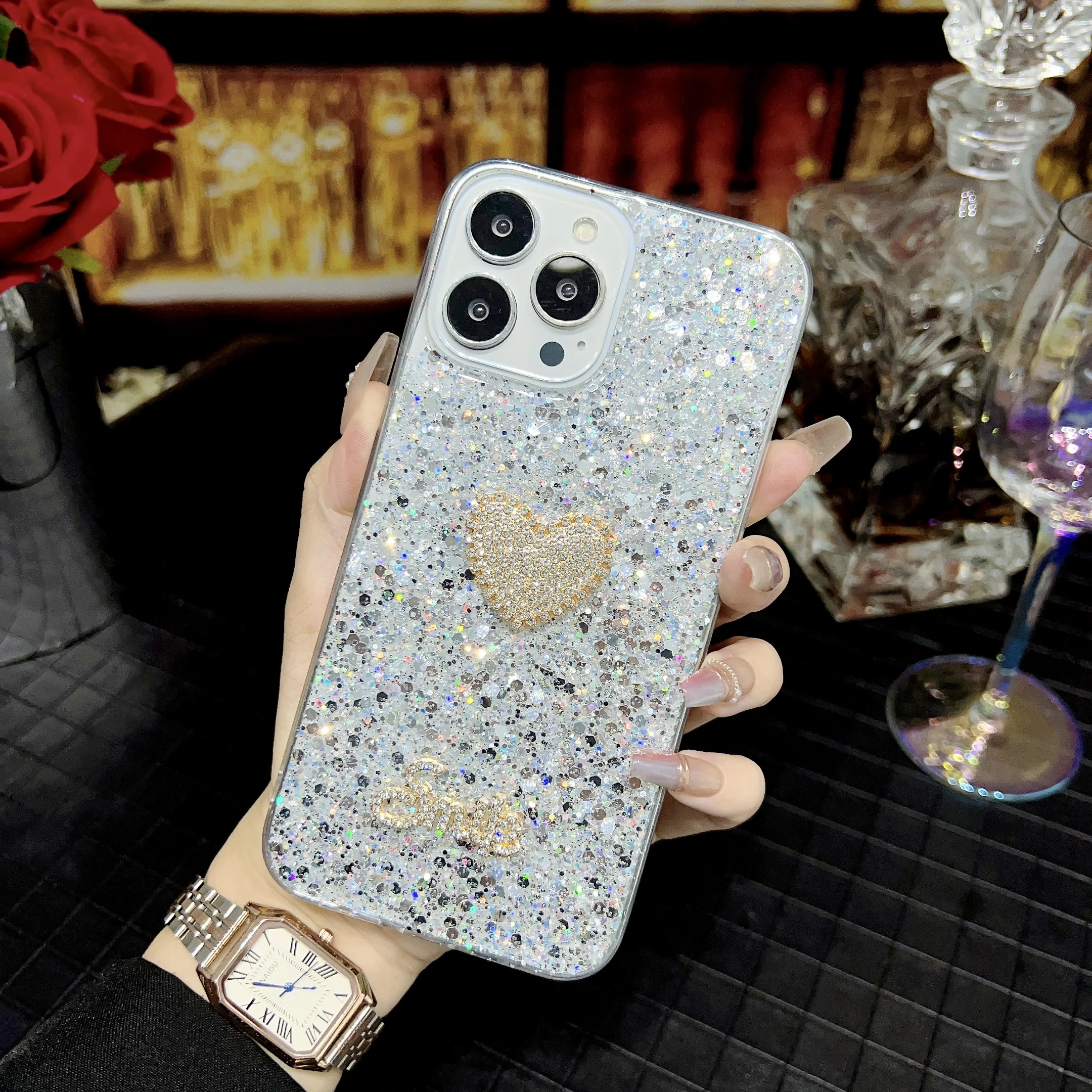 

Glitter Diamond Love Heart Phone Case For iPhone 14 13 12 11 Pro Plus Max Mini X XS XR 7 8 6 6S Bling Luxury Fashion Cover XL1