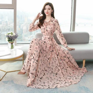 

Shredded flower long-sleeved chiffon dress 2021 spring new long-sleeved waist show thin long skirt thin trend