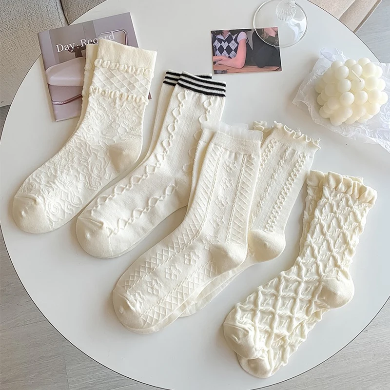 

Носки женские Короткие хлопковые с оборками, Модные дышащие, средней длины, 1 пара, на весну-осень