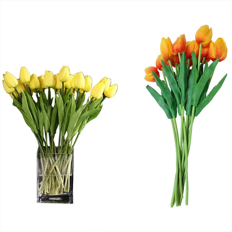 

30Pcs Tulip Flower Latex Real Contact For Wedding Bouquet Decor, 20 Pcs Yellow & 10 Pcs Orange