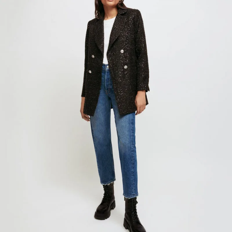 

Women Jacket 2021 Autumn and Winter New Tweed Sequined Double-breasted Black Blazers
