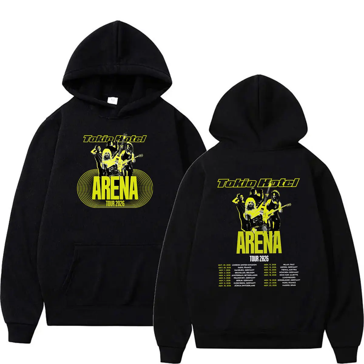 Фото Худи мужское в стиле хип-хоп с принтом группы Tokio Hotel Arena Tour 2026, свободный крой, длинный рукав, винтажная модная одежда с капюшоном. №1