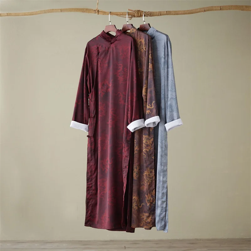 Мужское платье китайский традиционный длинный Тренч рубашки халат с принтом