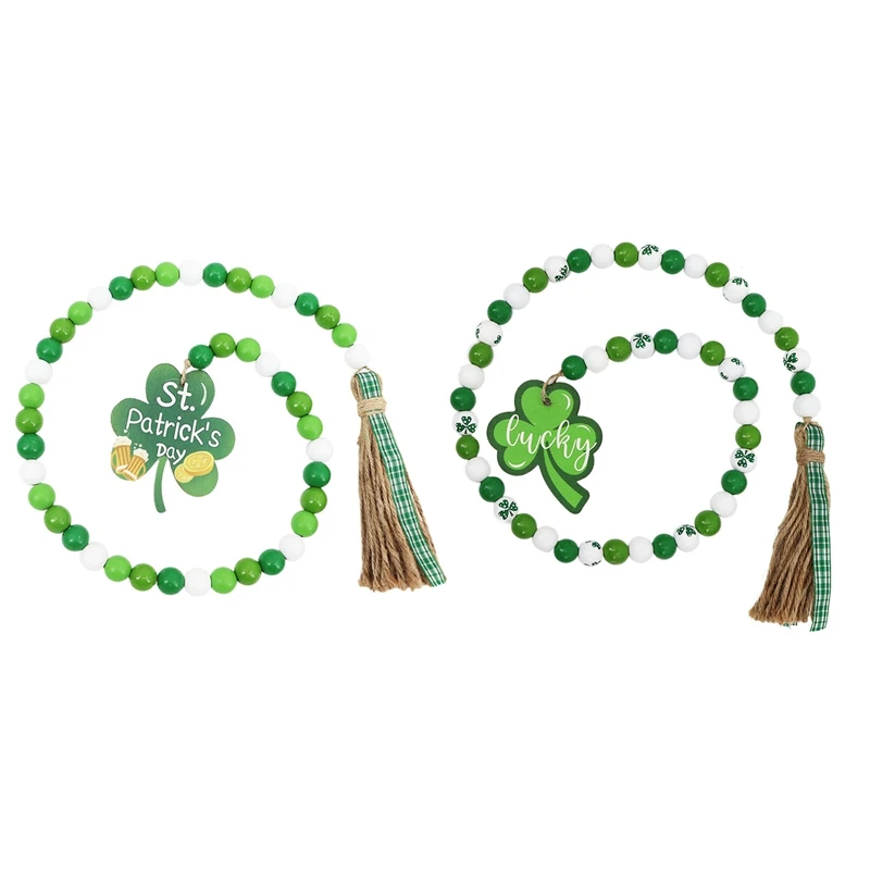 

2 Pieces St. Patrick's Day Wood Bead Garlands With Tassel Irish Shamrock Wood Bead Garland Prayer Boho Beads Decor