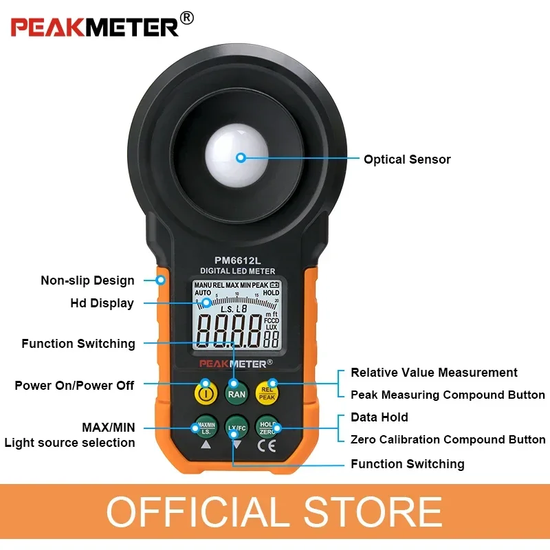 PEAKMETER PM6612L 200000 Ручной цифровой люксметр LUX красочный светодиодный тестер яркости