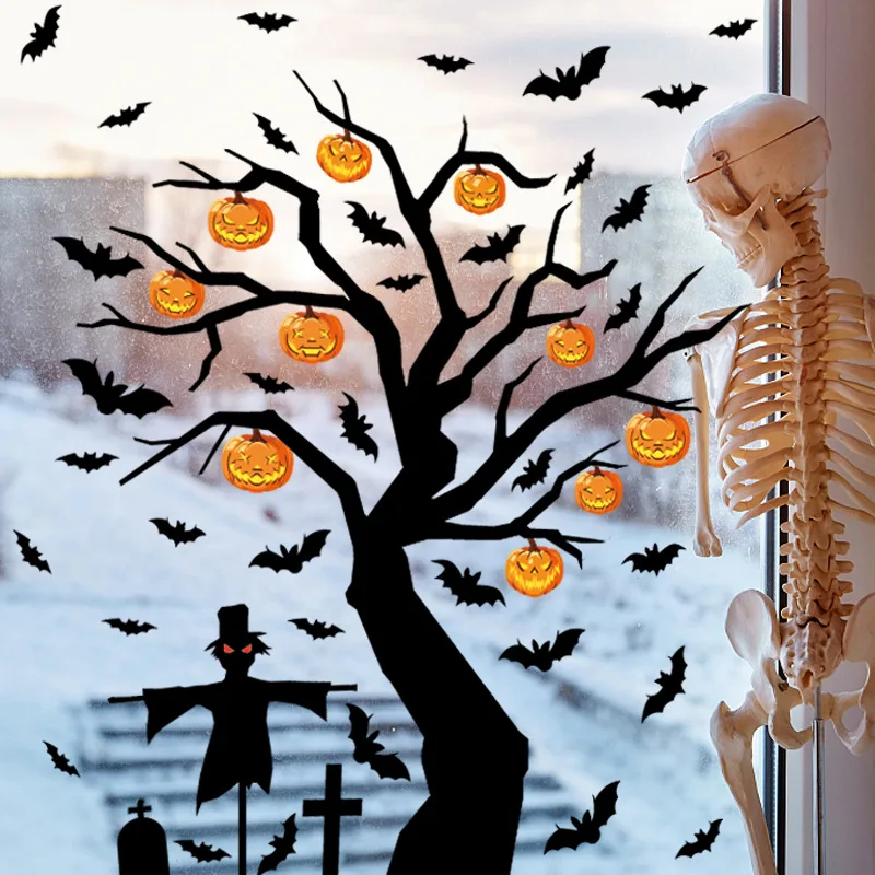 

Halloween Terror Window Stickers Pumpkin Bat Ghost Tree Glass Sticker Ghost Festival Wall Door Decor Happy Halloween Day Party