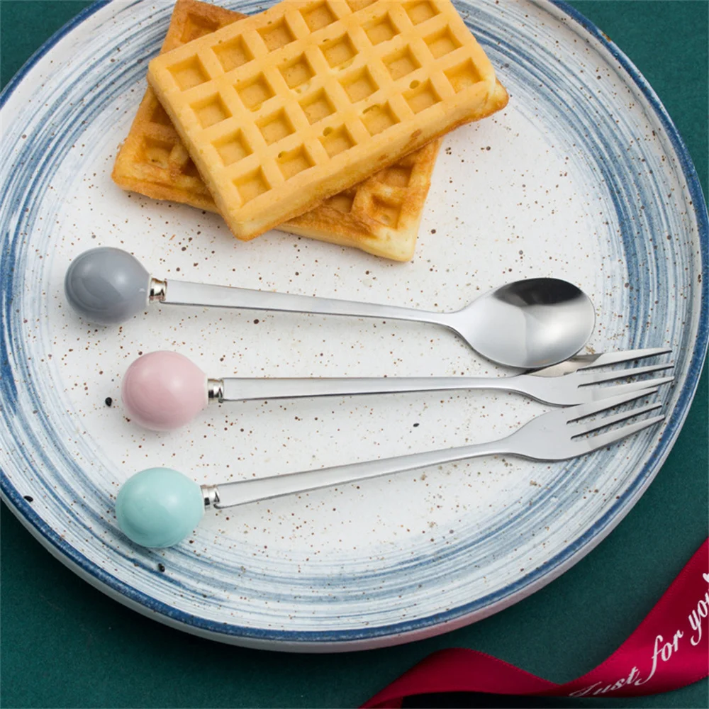 

Milk Coffee Spoon Fruit Fork Kitchen Dinnerware Ceramic Handle Spoon Stainless Steel Fork Spoon Round Ice Cream Dessert Spoon