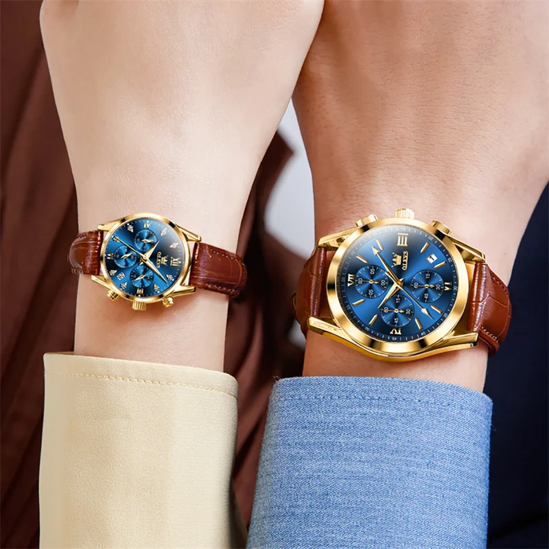 OLEVS Lover Watches Top Brand Luxury Couple Quartz Watch Waterproof Leather Watch Strap Watch for Women and Men Couple Gift