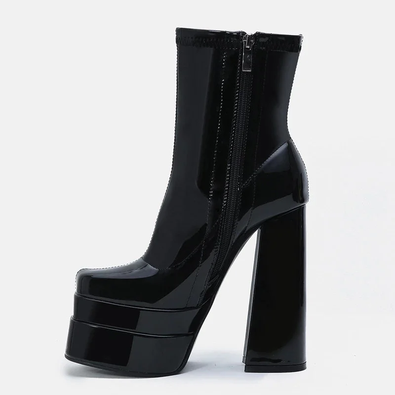 

Spring Autumn Sexy Women's Ankle Boots Square Heels Zipper-Sid Stretch Boots Platform Shoes Patent Leather Mature Ladies Boots