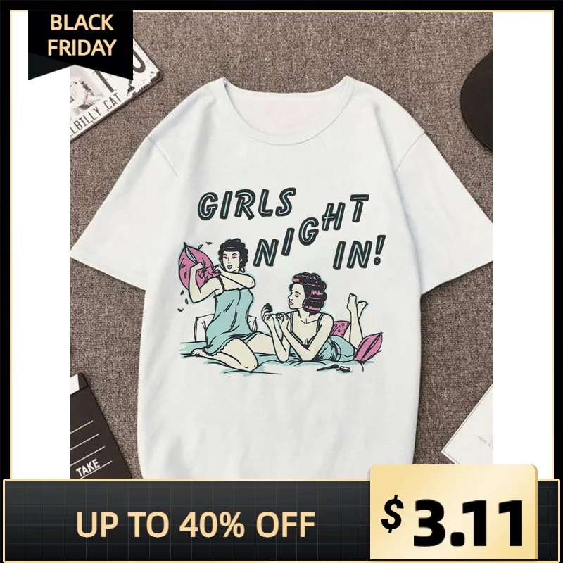 

O-neck Women T-shirts Girls Night In Young Ladies Printing Short Sleeves Cartoon Tshirt Summer White Tops T-shirt For Woman