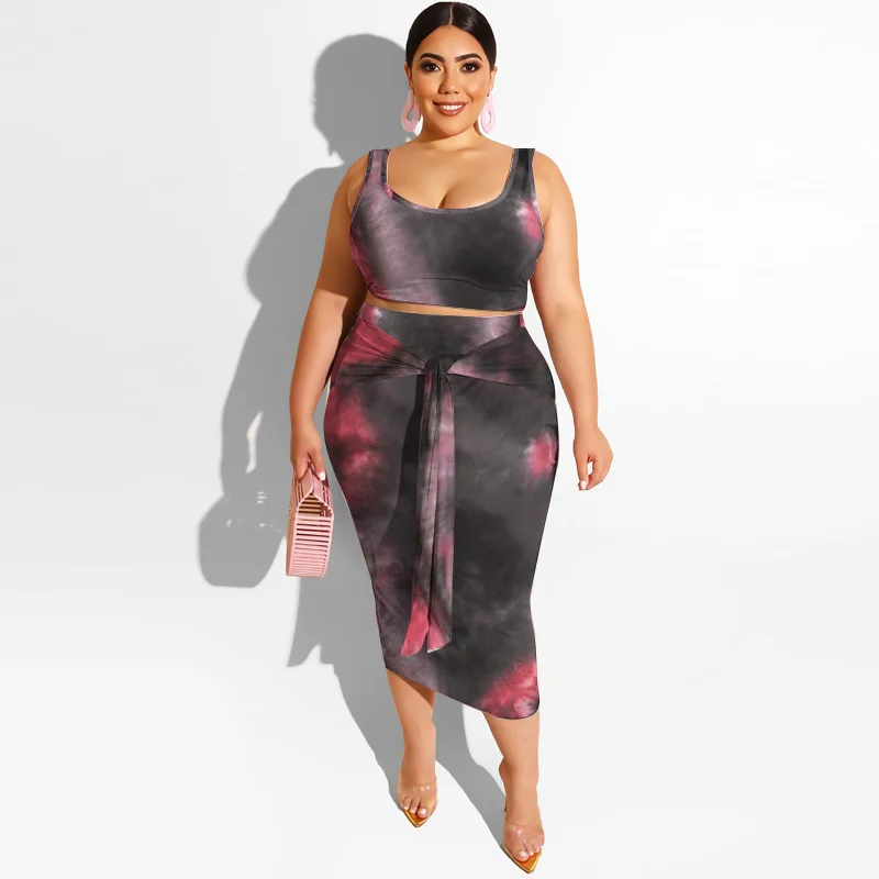 

Plus size dress XL-5XL Tie women elegant clothing dye summer printed buttocks two piece skirt set Wholesale Dropshipping