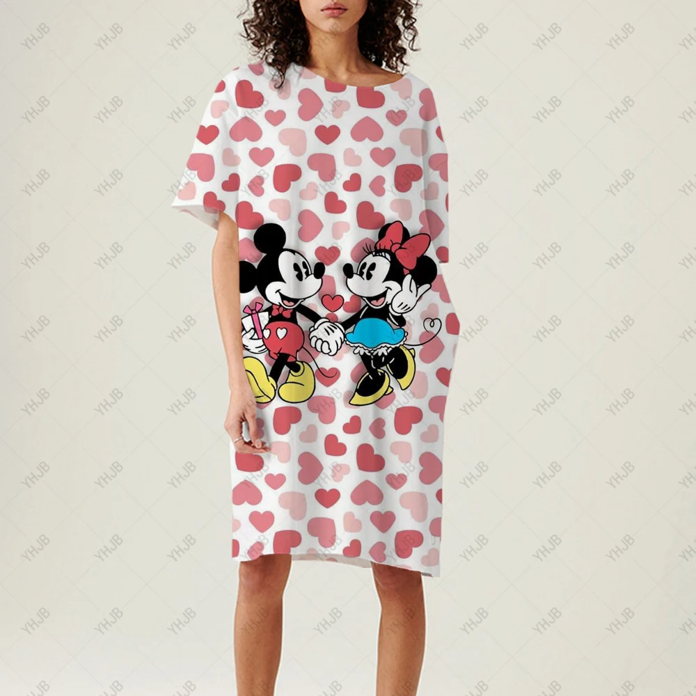 

2022 Summer Women T Shirt Dress Quality Disney Mickey Mouse Print Loose T-shirt Short Sleeve Girls O Neck Casual Sexy Long Dress