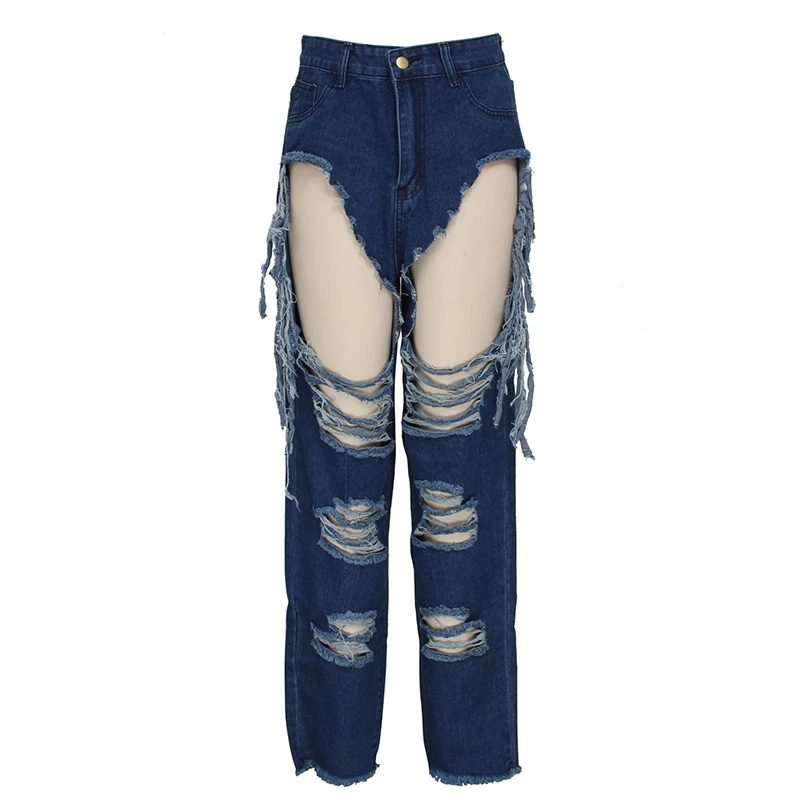Sexy Ripped Holes Fringe Jeans Womens Fashion Streetwear High Waist Washed Distressed Straight Tassel Denim Pants Trousers indie