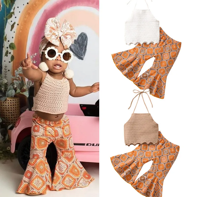 

0-36months Baby Girls Summer Outfits Summer Sleeveless Halter Neck Tops And Geometric Print Casual Flared Pants Infant Girls Set