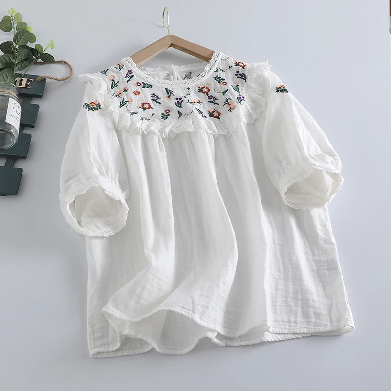 

Summer New Sweet Embroidered Top Women Round Neck Cotton Yarn Tops HOU0628
