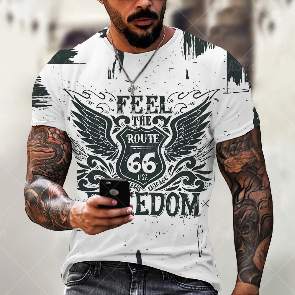 

2023 New Men's Loose Comfortable T-shirt Retro Y2k Short Sleeve Fashion American Route 66 Letter Print O Neck Jumper Top T-shirt