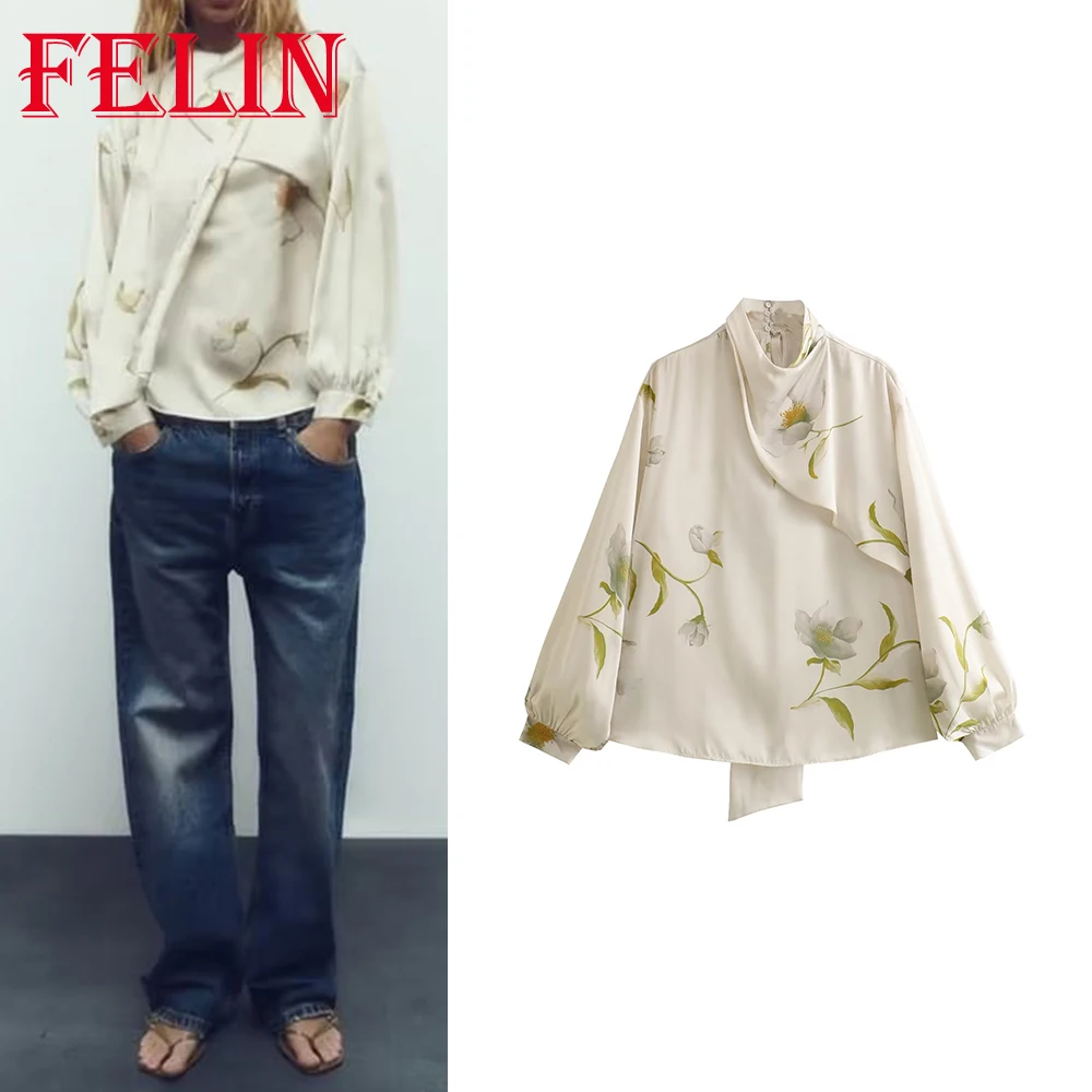 

TRAF 2023 Autumn Women Vintage Flower Print Shirts Scarf Long Sleeve Buttons Female Blouses Loose Fit Elegant Mujer Tops